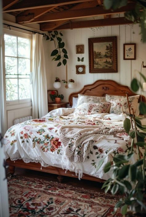 Grandma Chic Bedroom, Wood Walls Bedroom, Whimsigoth Decor, Bedroom Seating Area, Cosy Interior, Antique Bedroom, Bedroom Seating, Cottage Interior, Cottage Bedroom