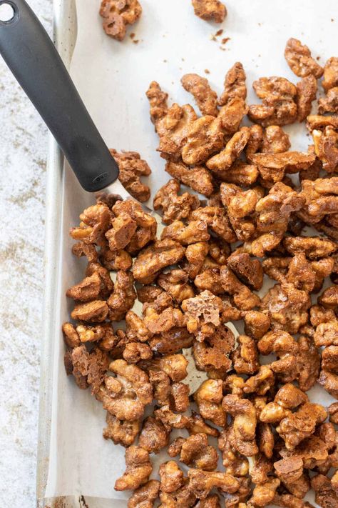 Candied walnuts make the best salad topper or addition to a cheese platter. This recipe is great since it's paleo-friendly. Coconut sugar makes the perfect replacement for white granulated sugar. Egg whites give the walnuts a nice coating so the sugar sticks. Put these walnuts on your favorite apple-cranberry salad. With only 5 ingredients this recipe is so easy to whip together. #salad #candiedwalnuts #saladtoppers Apple Cranberry Salad, Sugar Sticks, Salad Toppers, Cranberry Salad, Sugar Eggs, Apple Cranberry, Cheese Platters, Vegetarian Paleo, Coconut Sugar