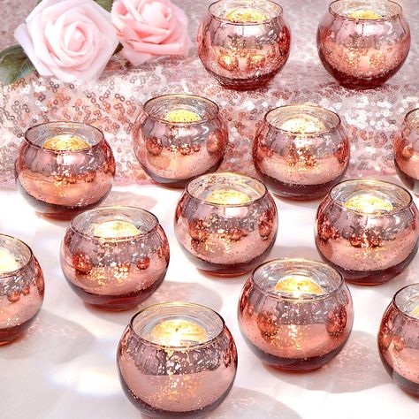 PRICES MAY VARY. 🥂Delicate Candle Holders Bulk: The 36 Pcs Rose Gold Votive Candle Holder with inner mercury coating are a super value table decoration set for any parties and events. Each candle holder measures about 1.97"(Cal) x 2.16''(H) and have cute pattern on for the candle light to leak through, super cute size for decorating your table centerpieces, they can really enhance a romantic atmosphere for your events! 🥂Stunning Centerpieces for Tables: Transform your tables into stunning cent 50 Birthday Party Table Centerpieces, 60 Birthday Party Table Centerpieces, Gold 13 Candles, 50th Birthday Party Tables, Centerpieces For Party Amazon.com, Rose Gold Birthday Party Table, Rose Gold Party Decorations, Gold Votive Candle Holders, Pink Candle Holders