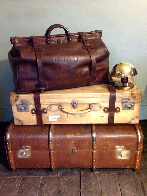 We specialise in providing a Selection of 19th Century Victorian Leather Luggage Travel Cases & Trunks, often with the Original Paper Labels to the Theatre, TV and Film to Hire or Buy,  Please contact for further assistance on a specific project. WWW.HUTCHISONANTIQUES.COM Old Luggage, Leather Trunk, Travel Trunk, Leather Suitcase, Old Suitcases, Travel Cases, Vintage Suitcases, Vintage Suitcase, Vintage Luggage