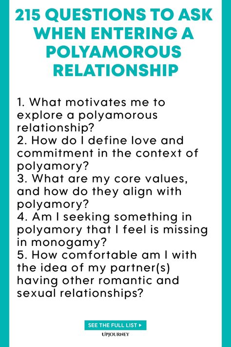 Explore 215 thought-provoking questions to consider when starting a polyamorous relationship. Communication and honesty are key in navigating the dynamics of polyamory. Use these questions as a guide to deepen your understanding of yourself and your partners in this unique relationship structure. Entering a polyamorous relationship requires self-awareness, open-mindedness, and respect for all individuals involved. Start meaningful conversations and explore mutual agreements to build strong found Poly Relationships, Relationship Definition, Relationship Communication, First Date Questions, Open Mindedness, Polyamorous Relationship, Public Display Of Affection, Social Circles, First Relationship