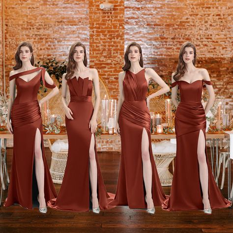 Rust Dress Bridesmaid, Braidsmaid Outfits Style, Silky Bridesmaids Dresses, Rust Gown, Luxury Bridesmaid Dresses, Silky Wedding Dress, Rust Bridesmaid Dresses, Satin Dress Outfit, Braidsmaid Dresses