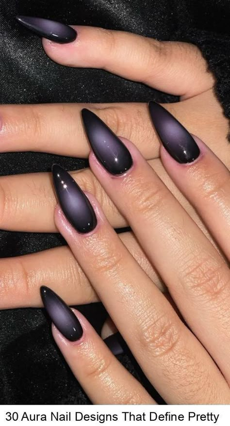 Goth Pink And Black Nails, Aura Nails Coffin Shape, Black Aura Nails Almond, Black Birthday Nails Almond, Almond Nails Witchy, Purple Nail Designs Gel, Purple And Black Aura Nails, Black And Purple Aura Nails, Black Red Aura Nails