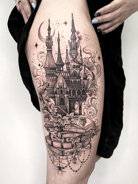 Horror Tattoo Ideas, Castle Tattoo, Bookish Tattoos, Fantasy Tattoos, Spooky Tattoos, Tatuaje A Color, Horror Tattoo, Thigh Tattoos Women, Book Tattoo