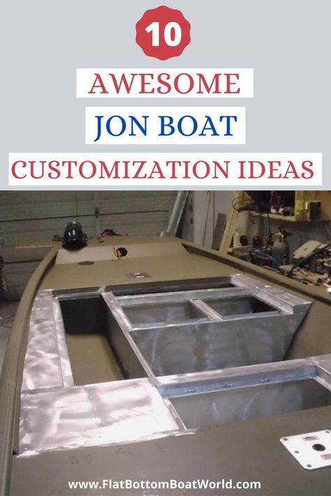 Check out these amazoing jon boat modifications you can make easily to trick out your boat. // boat // boating hacks //boat safety // boat ideas //boating #jonboatcustomization John Boat Ideas, Boating Hacks, Mini Bass Boats, Flat Bottom Jon Boat, Bass Boat Ideas, Jon Boat Project, Boat Modifications, Jon Boat Modifications, Duck Hunting Boat