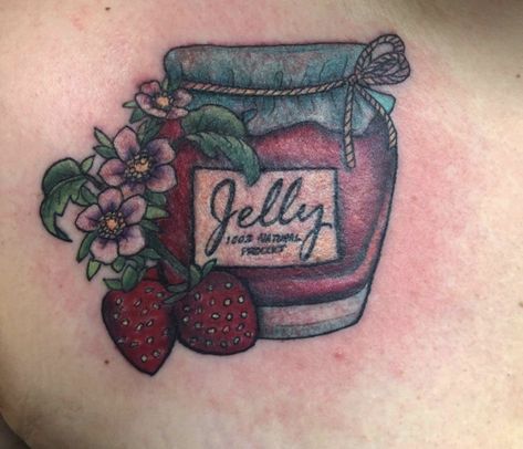 Jam Jar Tattoo, Mason Jar Tattoo, Jar Tattoo, Jar Of Jam, Scar Tattoo, Tattoos For Women Flowers, Strawberry Jelly, Vintage Jars, Jelly Jars