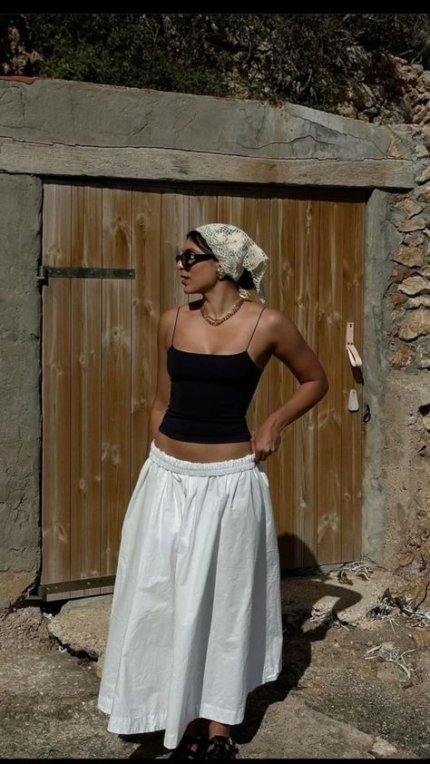 Outfits Spain Summer, Nordic Summer Outfit, Mediterranean Aesthetic Fashion, Rome Italy Outfits Summer, Dress With Birkenstocks, Greece Aesthetics Outfit, Headscarf Aesthetic, Sunnies Outfit, Summer Headscarf