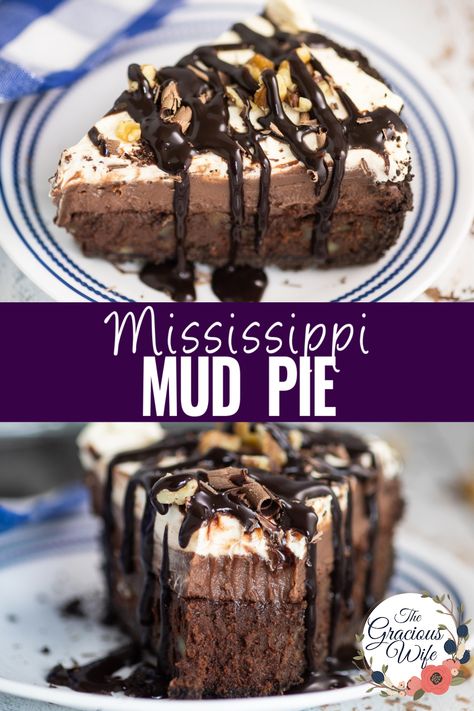 This Mississippi Mud Pie is a chocolate lover's paradise with layers of decadent chocolate including a buttery chocolate cookie crust, layer of fudgy brownie, layer of silky chocolate pudding, and a final layer of fluffy whipped cream. Mini Mississippi Mud Pies, Missippi Mud Pie Recipe, Mississippi Mud Pie Recipe, Mud Pie Recipe, Wife Recipes, Mississippi Mud Pie, Chocolate Cookie Crust, Creamy Pie, Pinterest Christmas