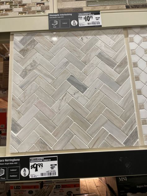 $9.99 sq ft Laundry Room Floors, Up North Cabin, Chevron Backsplash, Cool Tile, Kitchen Cabinets Colors, Herringbone Kitchen, Backsplash Ideas Kitchen, Backsplash Kitchen Ideas, Built In Buffet