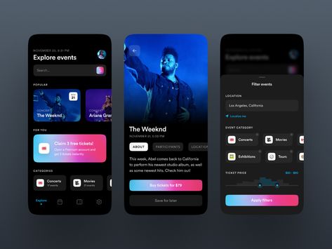 Event Booking App, Mobile Application Ui, Application Ui Design, Event App, App Design Layout, Card Ui, Movie App, Mobile App Design Inspiration, App Interface Design