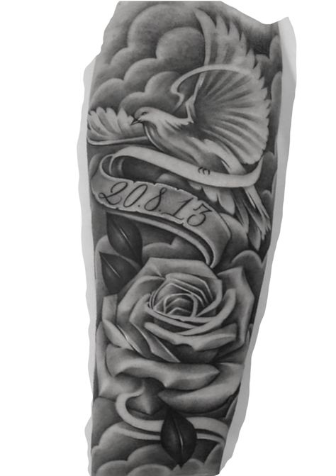 Memorial Half Sleeve Tattoos, Rest In Peace Tattoos For Men, Upper Arm Tattoo Men Half Sleeves, Memorial Tattoos For Men, Rare Tattoos Men Forearm, Dove And Rose Tattoo, Upper Arm Tattoo Men, Rest In Peace Tattoos, Arm Tattoo Men