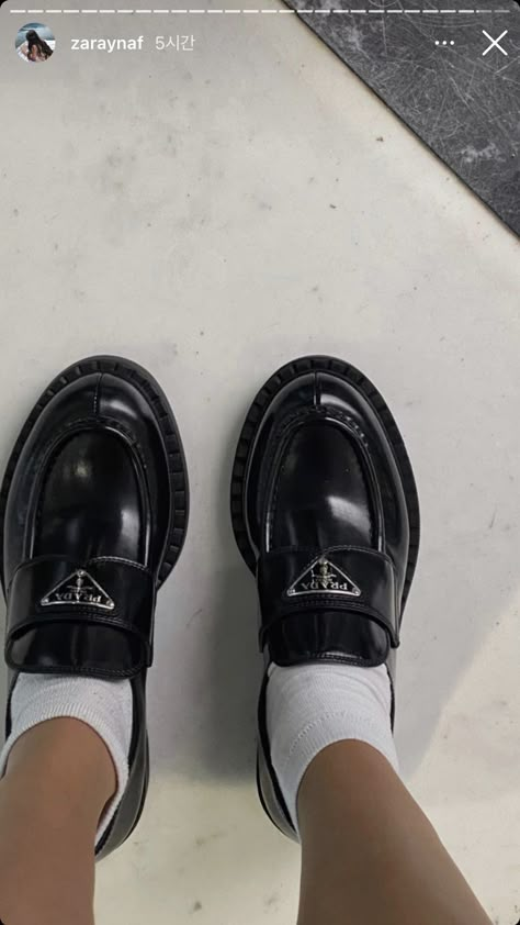 Prada Style, Prada Loafers, Loafers Fashion, Shoes Ideas, Shoes Prada, White Socks, Aesthetic Shoes, Black Loafers, Shoe Closet