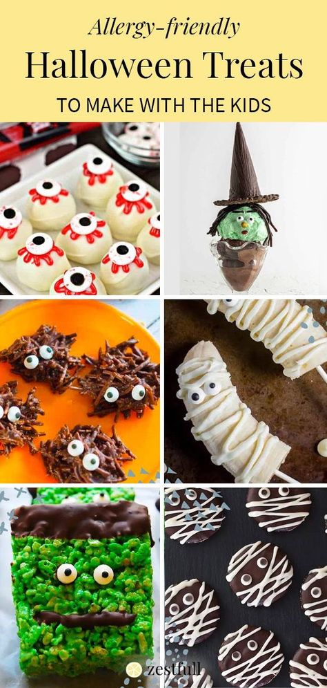 These are a selection of allergy-friendly (nut-free, peanut-free, gluten-free) Halloween treats that the Zestfull team collected if Halloween party or trick-or-treat is different for you this year. We have decadent ideas, healthier ideas, and plain ghoulish fun ones. #Halloweenideas #halloween #allergyfriendly #treats #dessert #glutenfree #nutfree #peanutfree Halloween Treats Nut Free, Peanut And Egg Free Halloween Treats, Gluten Free Halloween Treats For School, Nut And Egg Free Halloween Treats, Eggless Halloween Treats, Gf Df Halloween Treats, Nut Free Treats For School, Allergy Friendly Halloween Snacks, Gluten Free Classroom Treats