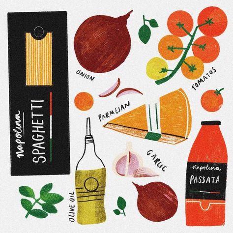 Philippa Coules on Instagram: "Can you guess the recipe? 🍅 🍝 #foodillustration #editorialillustration #illustrator #colour #drawing #fooddrawing #basil #italian #foodie #foodiegram" Food Colour Palette, Recipe Zine, Italian Food Illustration, Cutesy Drawings, Diy Infographic, Ingredient Illustration, Spaghetti Illustration, Drawing Recipes, Recipes Drawing