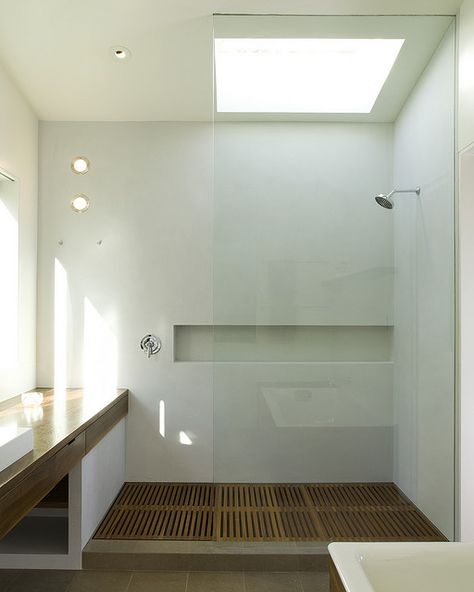 I like this concept because you have no moving parts on the glass.  I REALLY like this concept Recessed Storage, Scandinavian Bathroom, Bad Inspiration, Scandinavian Interior Design, Minimalist Bathroom, Bathroom Renos, Shower Stall, Wet Rooms, Bathroom Reno