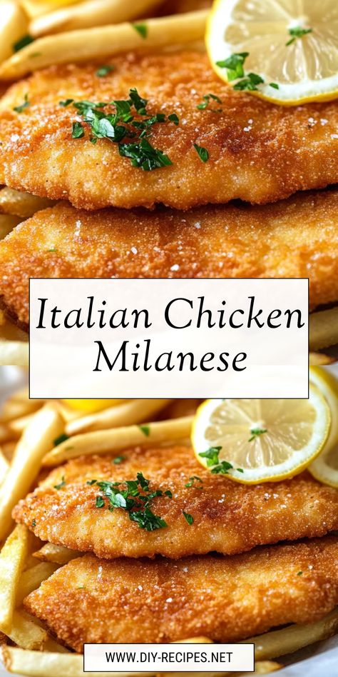 Savor the flavors of Italy with this Chicken Milanese recipe! Crispy breaded chicken, perfectly fried and served with fresh lemon. Chicken Milanese Pasta, Chicken Milanese Baked, Chicken Milanese Sauce, Crispy Chicken Breading, Italian Breaded Chicken Recipes, Crispy Chicken Milanese, Veal Milanese Recipe, Breaded Lemon Chicken Recipe, Southern Italy Recipes