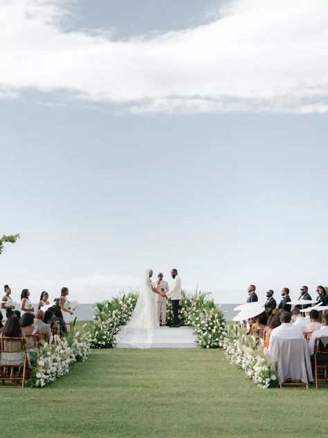 All White Flowers Wedding, Wedding In Jamaica, Tropical Luxury, Wedding Salon, Jamaica Wedding, Caribbean Wedding, Wedding Beach Ceremony, Wedding Entrance, Beach Ceremony