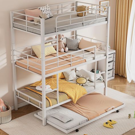 PRICES MAY VARY. Metal Strong Support: Built with heavy-duty steel, this bunk bed offers excellent support for a comfortable night's sleep. Enhanced Safety: With full-length guardrails on the top and middle beds, safety is ensured for all users. Space-Saving Design: The low bunk design provides ample space for the upper bed user, maximizing room space. Extra Accommodation: Includes a twin-size trundle bed for additional sleeping arrangements, making it perfect for families with multiple members. Triple Bunk Bed With Trundle, 3 Bunk Beds Small Spaces, Sibling Bunk Beds, 3 Bunk Beds, Separate Beds, Beds For Kids, Triple Bunk Beds, Triple Bunk Bed, Space Saving Beds