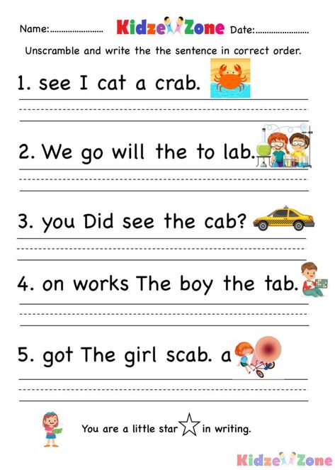 Kindergarten ab word family Unscramble worksheet Unscramble Sentences, Simple Sentences Worksheet, Sentence Unscramble, Sentences Kindergarten, Sentences Worksheet, Scrambled Sentences, Unscramble Words, Elementary Worksheets, Sentence Activities