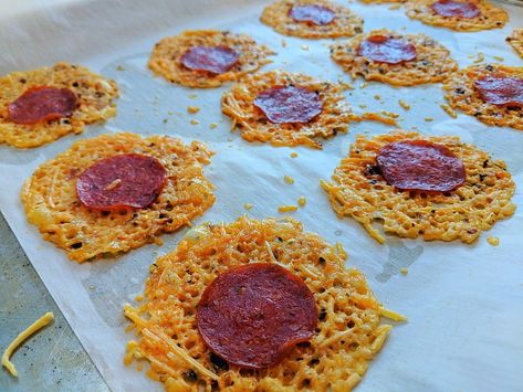 Keto Pepperoni Pizza Crisps - Culinary Lion Keto Pepperoni, Low Carb Marinara, Shaved Parmesan, Cheese Crisps, Pizza Flavors, Favorite Dips, Pickled Veggies, Breakfast Pizza, Pork Rinds