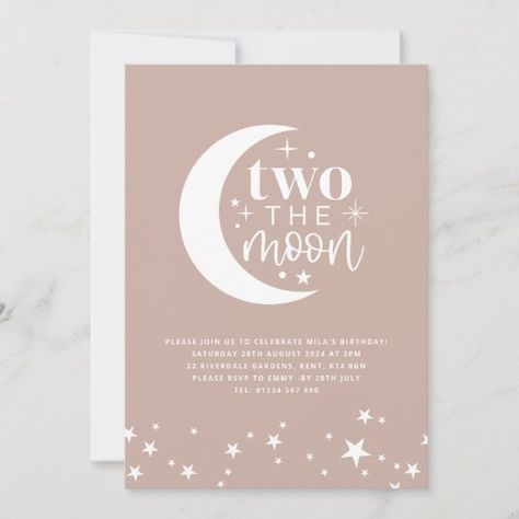 Two The Moon Blush Birthday Invitation Moon Typography, Blush Pink Birthday, Canva Inspiration, 2nd Birthday Theme, 92nd Birthday, Blush Pink Background, Two The Moon, 2nd Birthday Invitations, Birthday Star