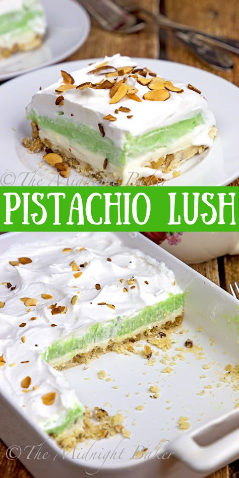 Pistachio Lush Recipe, Pistachio Lush, Pistachio Recipes Desserts, Pistachio Dessert Pudding, Lush Cake, Lush Recipes, Cool Whip Desserts, Pistachio Dessert, Jello Dessert Recipes