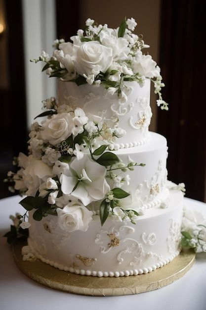 Three Tier White Wedding Cake, Three Tiered Wedding Cake, Wedding Cake Green And White, Forest Theme Wedding Cake, Wedding Cake With White Flowers, Cake With White Flowers, Wedding Cake Nature, Wedding Cake Forest, Three Tier Wedding Cake