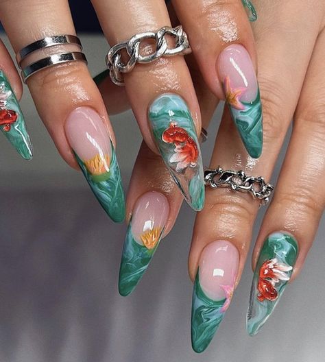 Pisces Nail Art, Pisces Nails Designs, Pisces Nails, Fish Nails, Beach Nail Designs, Water Nails, Baddie Nails, Beach Nails, Birthday Nails