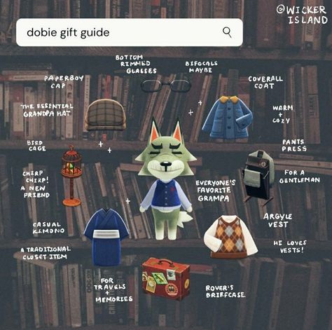 Dream Villagers Acnh, Cottagecore Villagers Acnh, Acnh Villager Lookbook, Animal Crossing Dobie, Dobie Animal Crossing, Dobie Acnh, Acnh Villager Gift Guide, Animal Crossing Gift Guide, Acnh Gift Guide