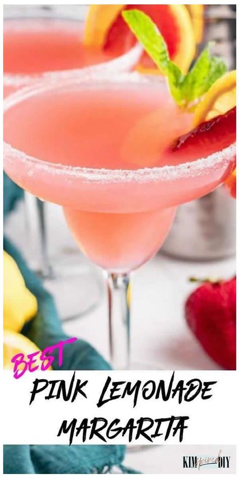 3 ingredient Pink Lemonade Margarita with tequila alcohol in margarita glass with salt on rim along with fresh lemon & strawberries Pink Mixed Drinks, Lemonade Margarita Recipe, Alcoholic Lemonade Drinks, Spiked Lemonade Recipe, Pink Alcoholic Drinks, Thanksgiving Drink Recipes, Brunch Bachelorette Party, Alcohol Recipes Easy, Pink Lemonade Margarita