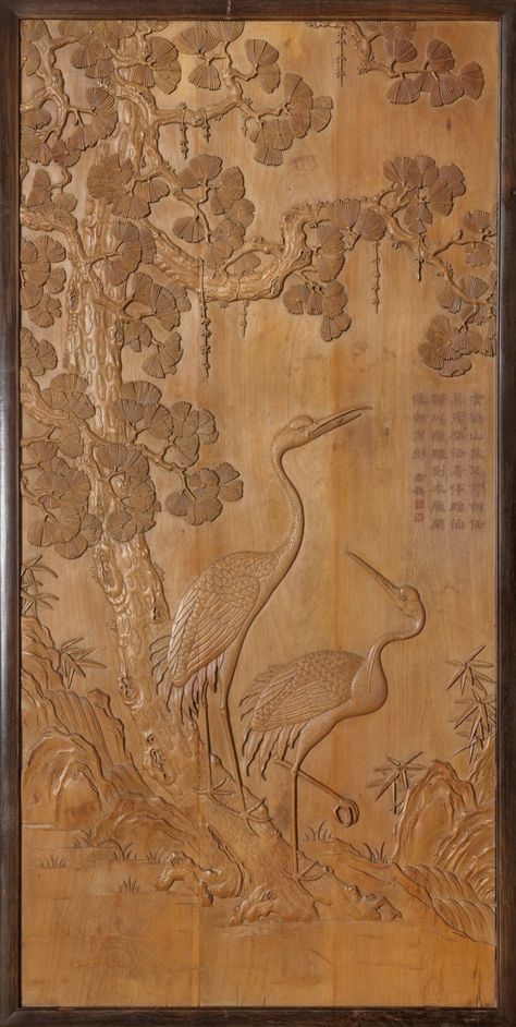 AN EXTREMELY RARE IMPERIALLY INSCRIBED NANMU ‘PINE AND CRANES’ WALL PANEL QIANLONG PERIOD (1736-1795) Price realised HKD 3,245,000 Estimate HKD 2,500,000 - HKD 3,500,000 Cement Art, Chinoiserie Wallpaper, Carving Art, Realistic Paintings, Wood Carving Art, China Art, Flower Phone Wallpaper, Woodblock Print, Wall Panel