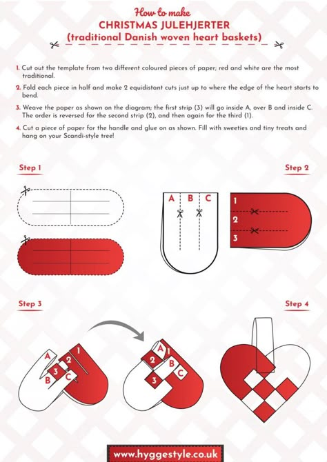 How to make Danish Christmas woven heart baskets (julehjerter) - hyggestyle Norwegian Heart Basket, Woven Paper Hearts Danish Christmas, Danish Heart Ornament, Heart Christmas Ornaments Diy, Danish Christmas Hearts, Scandinavian Woven Hearts, Woven Heart Basket, Danish Paper Hearts, Woven Paper Hearts Template