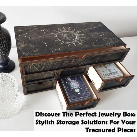 Discover the perfect jewelry box that combines style and functionality for your treasured pieces. Our curated collection features elegant designs that not only keep your jewelry organized but also enhance your decor. Whether you prefer classic or modern styles, find the ideal jewelry box to showcase your accessories while ensuring they remain tangle-free and protected. Elevate your storage solutions today and indulge in the luxury of beautifully organized jewelry. Tarot Box Ideas, Witchy Storage Ideas, Witchy Gift Basket, Magic Box Ideas, Cool Things To Buy For Your Room, Rock Storage, Crystal Organization, Witchcraft Room, Witchy Desk