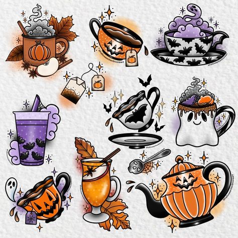 Vincent Maddox | Most of my spooky tea & cider designs 🍂🧡 Each one is available as tattoo tickets! . . . #teatattoo #teapartytheme #drinktattoo… | Instagram Spooky Couples Tattoo, Cauldron Tattoo Ideas, Teacup Flash Tattoo, Halloween Coffee Cup Tattoo, Spooky Coffee Tattoo, Witchy Tea Cup Tattoo, Spooky Tea Cup Tattoo, Gothic Teacup Tattoo, Spooky Tea Party