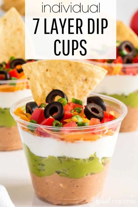 7 Layer Dip Cups, 5 Layer Dip, Layered Dip Cups, Layered Dip Recipes, 7 Layer Dip, Layered Bean Dip, Layered Taco Dip, Seven Layer Dip, Mexican Appetizers