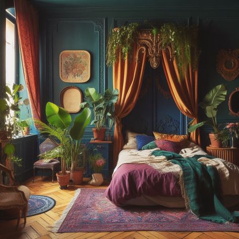 Rooms With Accent Walls, Maximalist Bedroom Ideas, Guys Room Aesthetic, Maximalist Bedroom, Teal Bedroom, Boho Style Bedroom, Dark Home Decor, Home Decorating Ideas, Dream House Decor