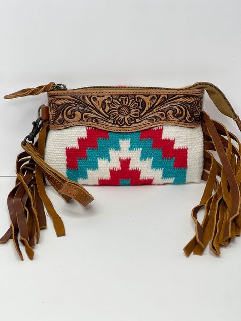 Cowhide Clutch, Western Handbags, Brown Cowhide, Saddle Blanket, Handbag Pattern, Hand Tooled Leather, Tooled Leather, Leather Fringe, Aztec Print