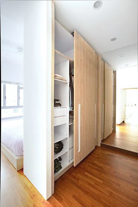 Using the wardrobe as a room divider instantly creates a more private dressing area. Bed Closet, Bedroom Wardrobe Ideas, Bedroom Wardrobe Design, Small Closets, Open Closet, Build A Closet, Trendy Bedroom, Walk In Wardrobe, Bedroom Wardrobe