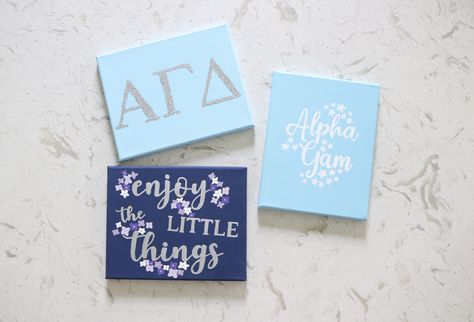 Blue Sorority Canvas, Agd Canvas, Sorority Canvas Ideas, Big/little Baskets, Big Little Canvas, Letters Sorority, Alpha Gam, Alpha Sigma Tau, Sorority Canvas