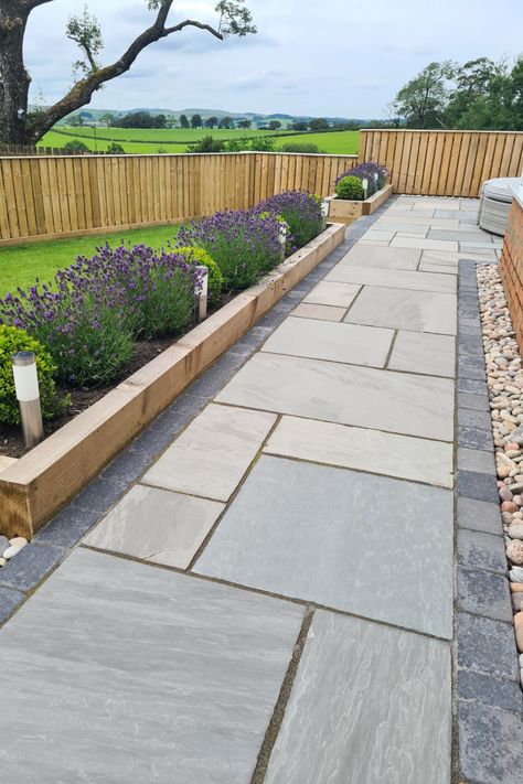 Sandstone Pathway, Sleeper Raised Beds, Cool Colour Palette, Back Garden Landscaping, Sandstone Patio, Garden Slabs, Outdoor Paving, Sandstone Paving, Grey Aesthetic