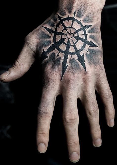 Chaos Star Hand Tattoo by Mehdi Rasouli Chaos Tattoo Ideas, Chaos Symbol, Chaos Star, Chaos Tattoo, Star Tattoo Meaning, Horus Tattoo, Tattoo Symbols, Rune Tattoo, Palm Tattoos