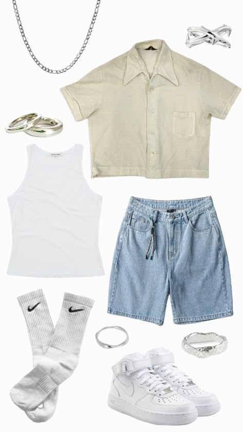 masc summer outfit Beachy Outfits Aesthetic Men, Summer Gender Neutral Outfits, Masculine Women Fashion Summer, Costal Boy Outfits, Queer Fashion Aesthetic, Summer Masc Lesbian Outfits, Soft Masc Summer Outfits, Soft Masc Outfits For Women Summer, Summer Masc Fits