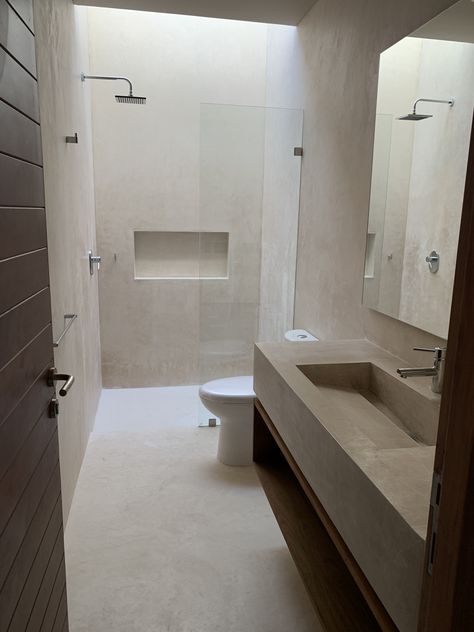 All Cement Bathroom, White Concrete Tiles Bathroom, Bathroom Cement Wall, Beige Cement Bathroom, Polished Cement Bathroom, Polished Concrete Bathroom Floor, Cement Look Bathroom, Cement Bathrooms, Cement Bathroom Ideas