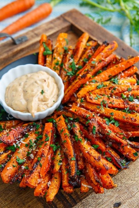 Parmesan Roasted Carrot Fries Parmesan Carrot Sticks, Carrots Fries, Crispy Carrot Fries, International Appetizers, Carrot Fries Recipe, Roasted Carrot Fries, Curried Goat Recipe, Jamaican Curry Goat, Goat Recipes