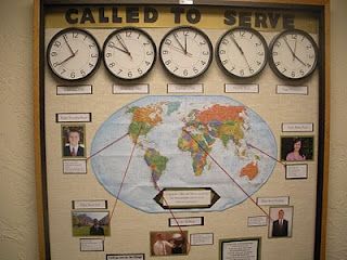 could do this with the countries for everywhere fun fair... pick out missionaries/people from around the globe & give a description of how they love their neighbor Missions Sunday Decor, Lds Bulletin Board Ideas Ward, Missions Wall, Missions Bulletin Board, Church Fellowship, Called To Serve, Mission Possible, Spy Party, Church Bulletin Boards