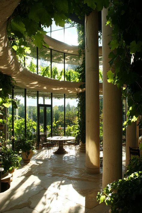 Modern mansion house indoor atrium vineyard with columns and lush vines. Check out all of these charming Greek houses, blending timeless elegance with a splash of Mediterranean flair. Houses With Vines Exterior, Atriums In Houses, Ancient Greek House Design, Modern Mansion House, Home Atrium, Old House With Vines, Indoor Atrium, Mansion Covered In Vines, Ivy Covered Mansion