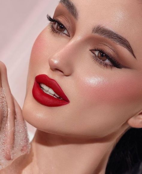 Bridal Make Up With Red Lipstick, Makeup When Wearing Red, Make Up Red Lipstick Classy, Makeup For Red Dress Wedding, Makeup With Red Outfit, Red Lip Makeup Look Brown Eyes, Bridal Makeup With Red Lips, Classy Makeup Looks Red Lips, Red Dress Makeup Look