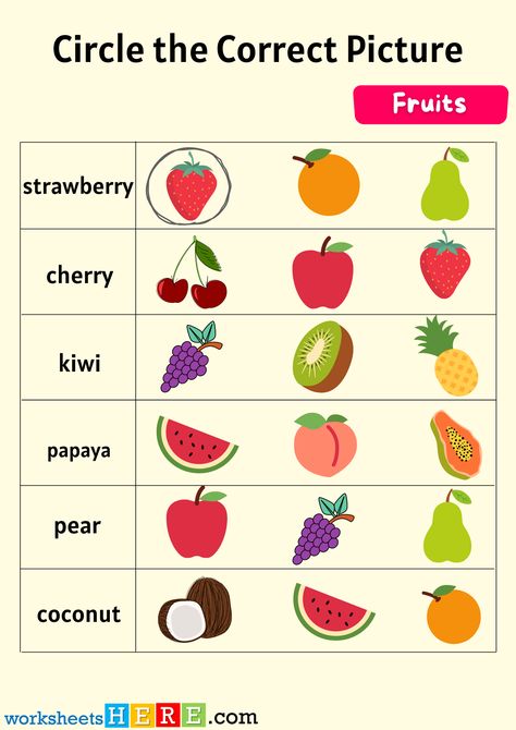 Fruits For Kids, Worksheets For Kids, Educational Materials, Kindergarten, Fruit