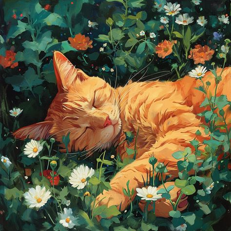 Cat With Flowers Painting, Sleeping Cat Painting, Orange Cat Drawing Cute, Orange Cat Art Illustration, Cat Flower Painting, Orange Cats Aesthetic, Orange Aesthetic Painting, Orange Painting Aesthetic, Ginger Cat Drawing