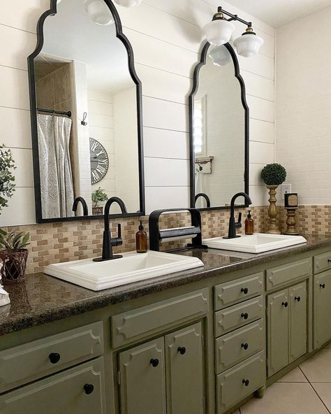 Shiplap Bathroom Accent Wall, Bathroom Accent Wall Ideas, Olive Green Bathrooms, Brown Tile Bathroom, Marble Countertops Bathroom, Brown Countertop, Granite Bathroom Countertops, Raised Panel Cabinet Doors, Raised Panel Cabinet